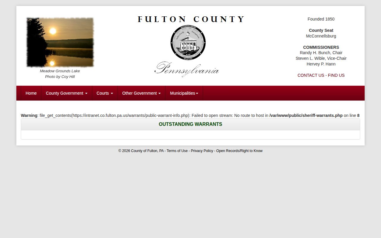 Fulton County outstanding warrant record page showing an unavailable data request